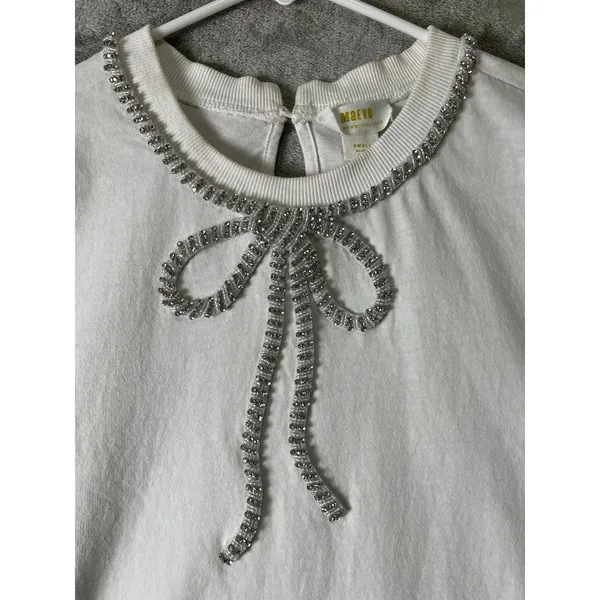 Maeve Anthropologie White Cotton Embellished Bow Neck Short Sleeve Top Small - Image 2