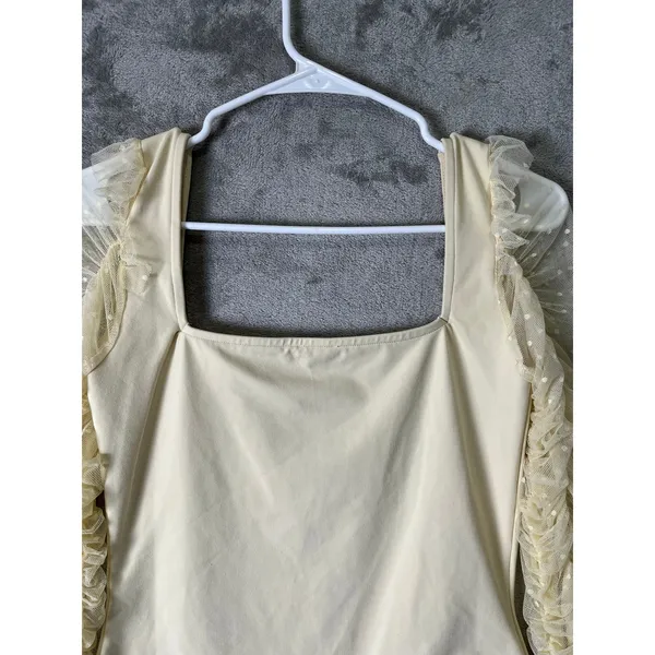 Free People Must Be Love Bodysuit Cream Ruched Mesh Sleeve‎ Romantic Medium New - Image 5