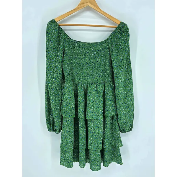 BTFBM Floral Tiered Mini Dress Size Small Green Smocked Long Sleeve Boho Prairie - Image 3