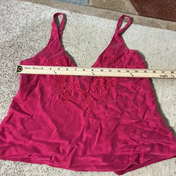 Satin Silk Floral Embroidered Cami Tank Top Women Medium Red V-Neck Strap - Image 3