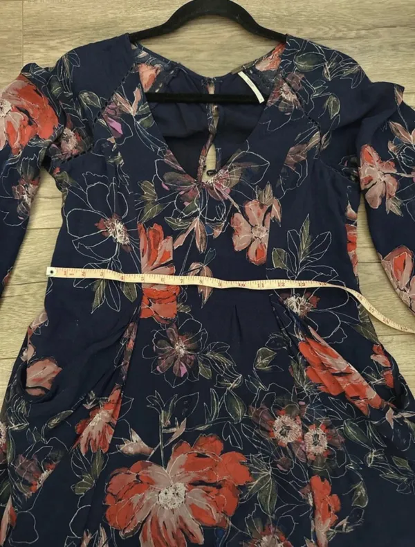 Free People Navy Floral Keyhole Blouse with Pink & Coral Accents - Image 7