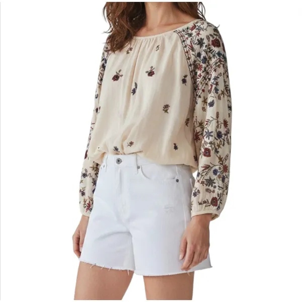 FREE PEOPLE Wild Flowers Embroidery Blouse Sz S Cream Crepe Boho Western Gypsy - Image 2