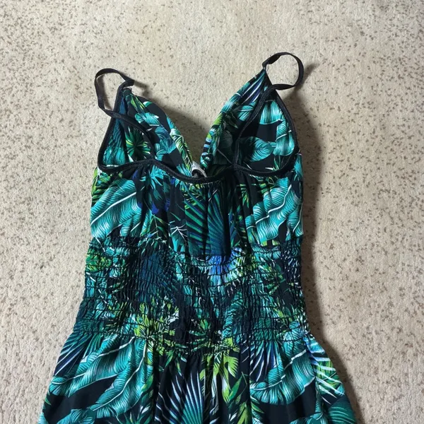 Lady Sun Tropical Leaf Print Maxi Dress Green Blue Smocked Waist‎ 3092 Size G - Image 8
