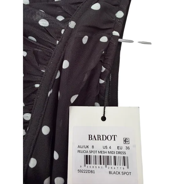 Bardot Felicia Spot Mesh Midi Dress Black‎ Polka Dot Ruched Sleeveless US 4 NEW - Image 5