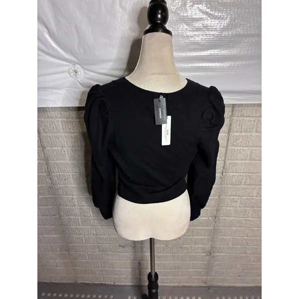 Express Womens Black Rhinestone Bow Cropped Cardigan Puff Sleeve Sweater XS NEW - Image 3