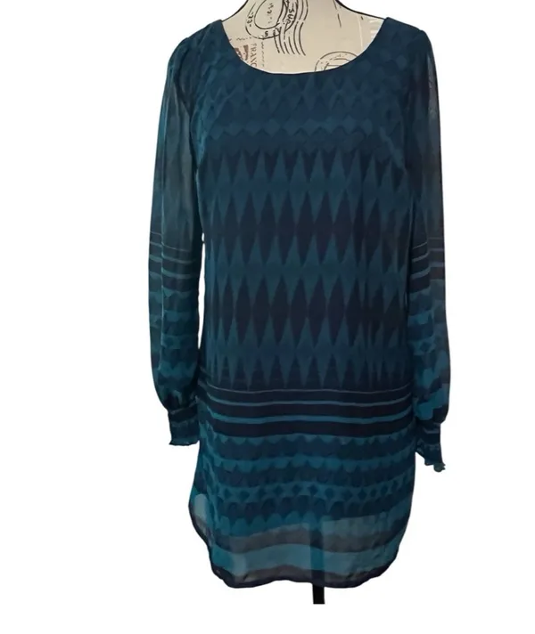 Love Fire Womens Small Dress Teal Navy Blue Sheer Overlay Long Sleeve Tunic - Image 2
