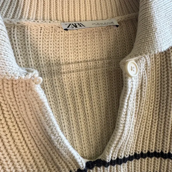 Zara Knit Rugby Sweater Womens Medium Cream Black Striped Collared Cotton Preppy - Image 9