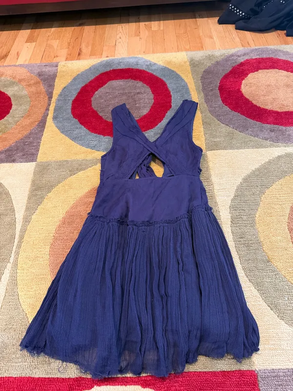 Free People Dark Blue Cutout Tie Ruffle Mini Dress Intentionally Frayed Size 0 - Image 4