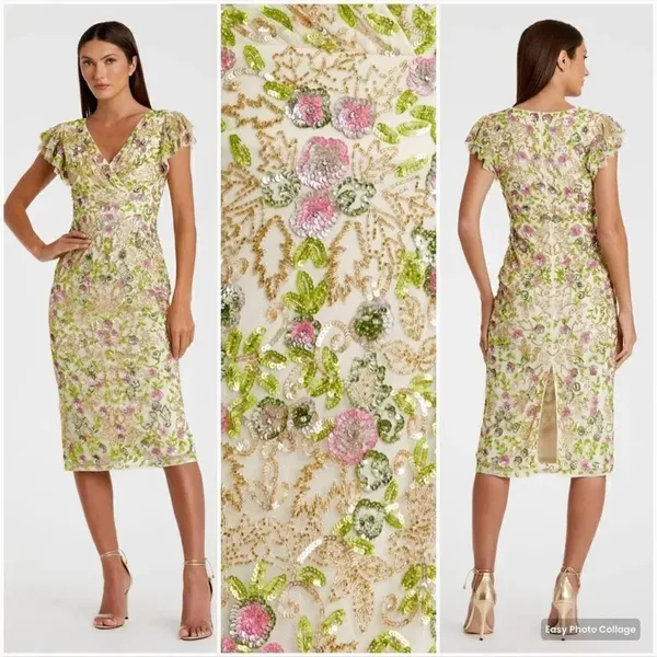 Mac Duggal Womens Floral Embellished Flutter Cap Sleeve Dress 5722 Cream - Image 6