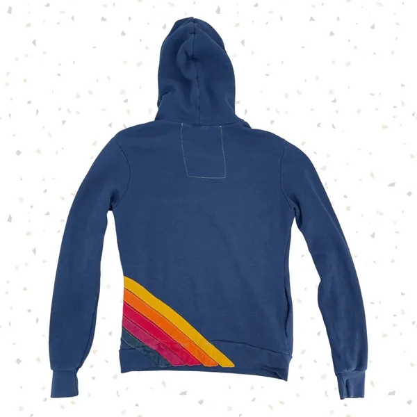 Aviator Nation 5 Stripe Pullover Hoodie Navy Blue Retro Rainbow Pockets Size XS - Image 2