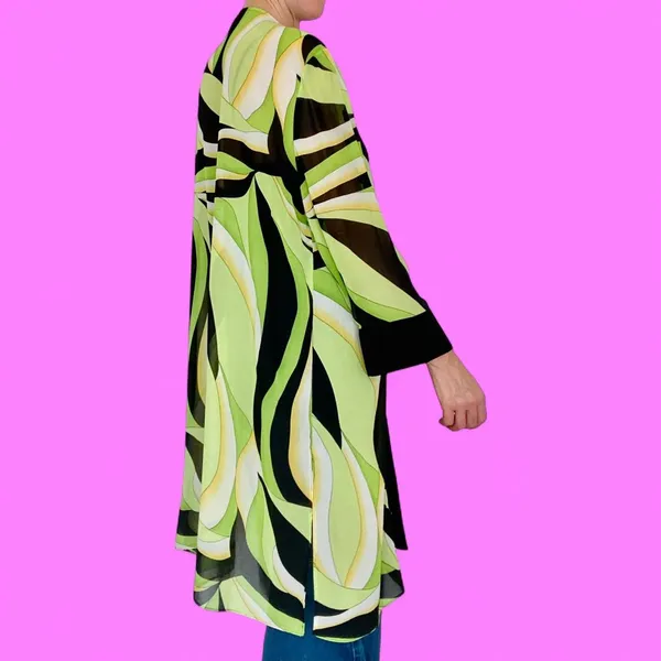 Vintage Green Black Abstract Edgy Art Open Long Sheer Cardigan - Image 5