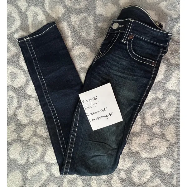 True Religion Dark Wash Jeans Womens Sz28 Dark Wash Big T White Stitching Skinny - Image 4
