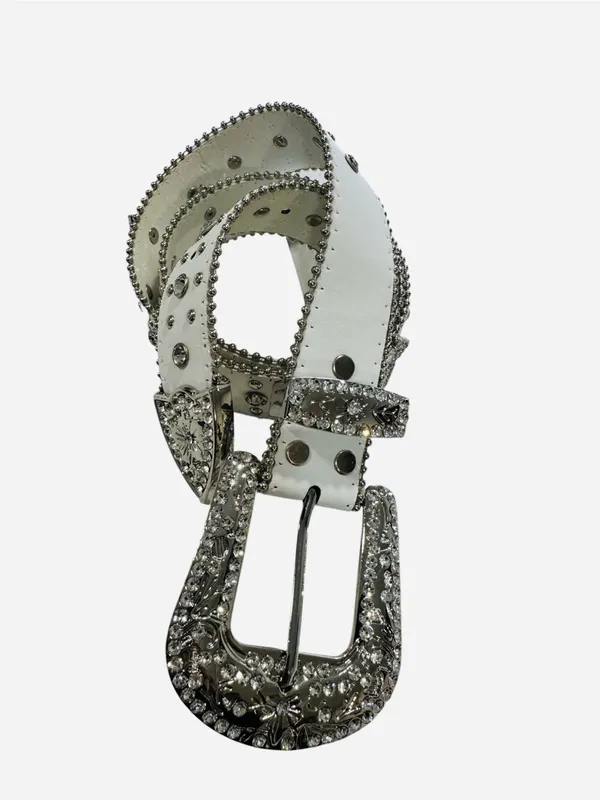White Rhinestone Belt Studded Western Silver Buckle Cross Detail - Image 5