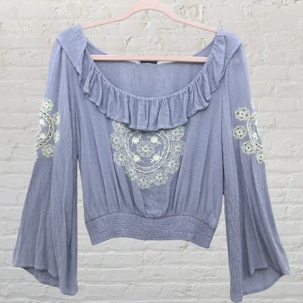 American Eagle Boho Floral Embroidered Crop Top Smocked S Coastal Cottagecore - Image 2