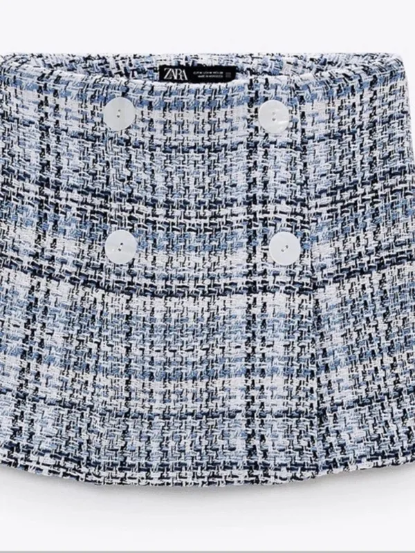 ZARA NWT Textured Tweed High Waist Skort Blue White Button Detail Size M - Image 3