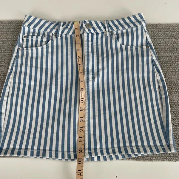 Garage Blue and White Striped Stretch Denim Mini Skirt Size Medium - Image 6