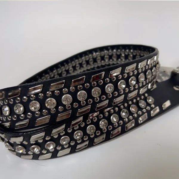 Nocona 2000s Grunge Black Silver Genuine Leather Chunky Festival Indie Hippie Rhinestone Studded Belt Large Buckle Size XL - Image 4