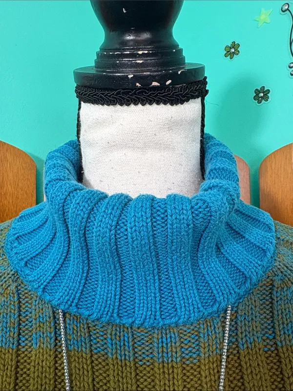 Cozy Striped Cowl Neck Sweater in Teal and Olive - Image 2