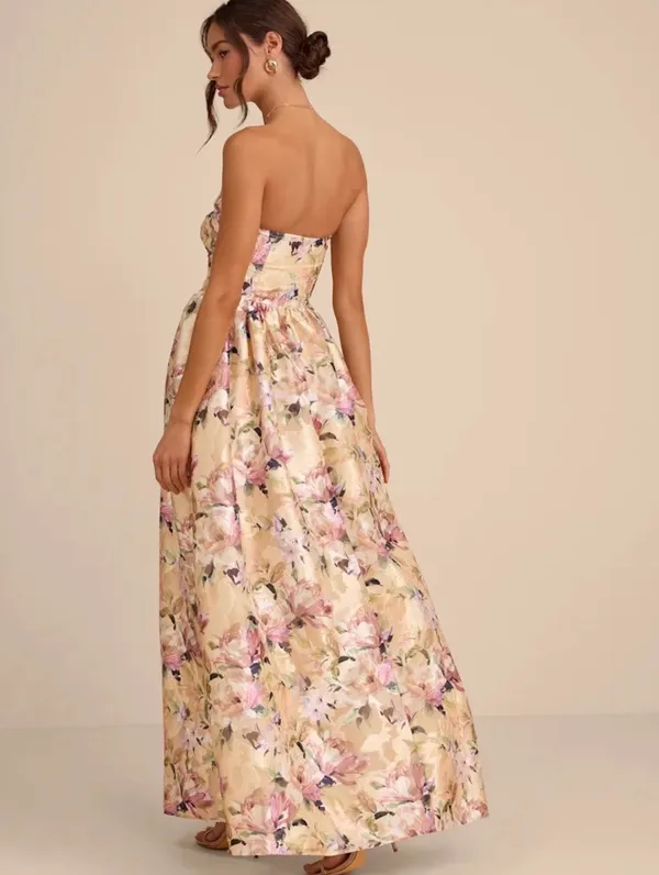 Lulu's Kathani Light Yellow Floral Jacquard Bustier Maxi Dress NWT Size S - Image 3