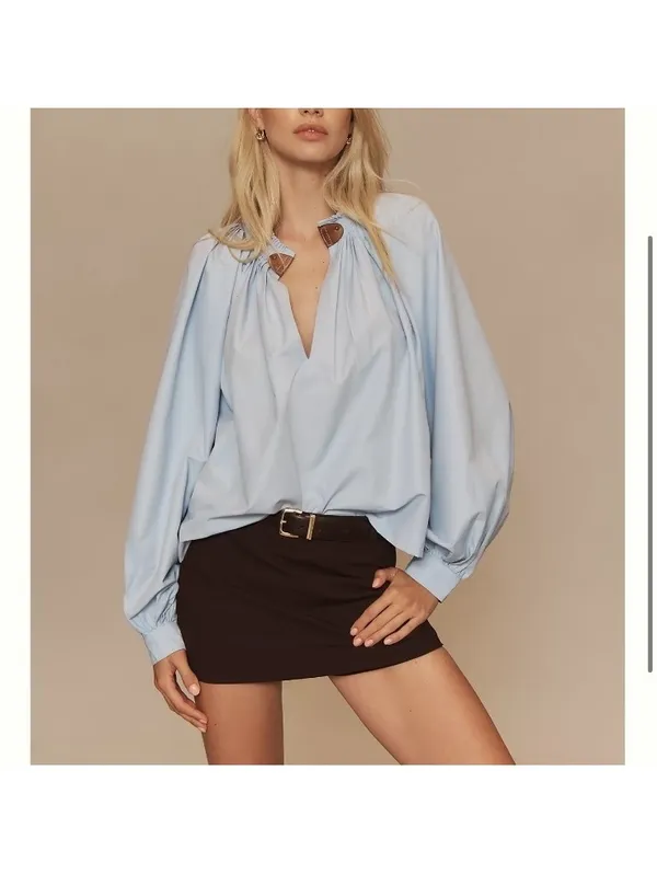 Maeve Anthropologie Pleated Trapeze Blouse Puff Sleeve Light Blue Women’s Small - Image 13