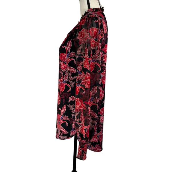 WHBM Small Tunic Top Floral Lined Long Balloon Sleeve Stretch Keyhole Smocked - Image 9