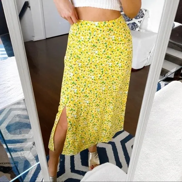 [LOFT] Yellow Floral Print Linen Blend High Waist Side Slit Midi Skirt Size 14 - Image 12