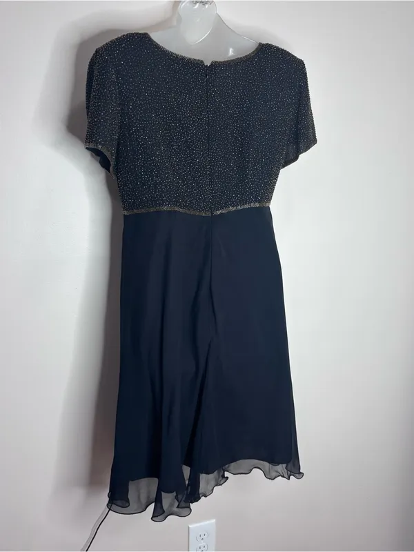 Papell Boutique 100% silk black Beaded Short Sleeve Chiffon Cocktail Dress 14 - Image 3