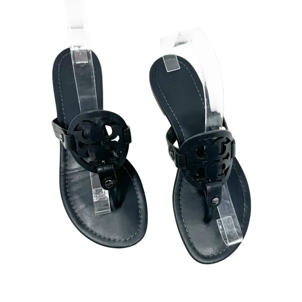 Tory Burch Miller Sandal Gray Leather Thong Flat Logo Size 7.5 - Image 3