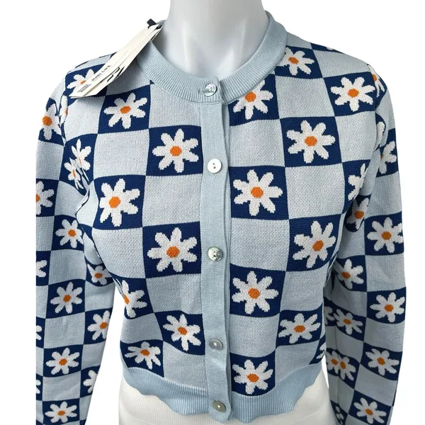 NEW Zara Blue Daisy Floral Checkered Button Knit Crop Cardigan Sweater Top Sz M - Image 3