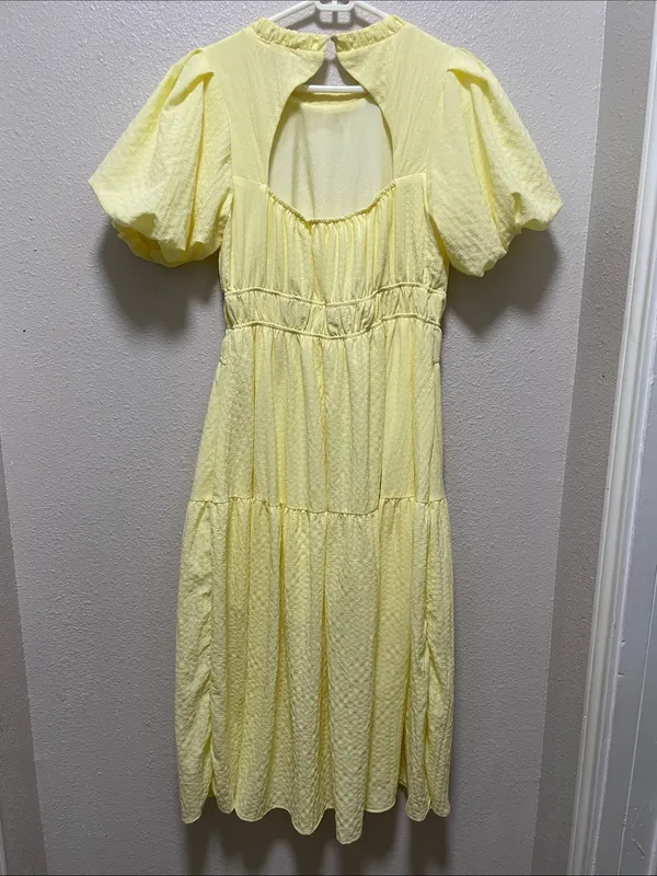 TALULAH Kate Light Yellow Puff-Sleeve Tiered Midi Dress - Image 3