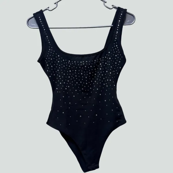 NWT Y2K Rhinestone Square Neck Sleeveless Bodysuit Sz XS‎ - Image 3