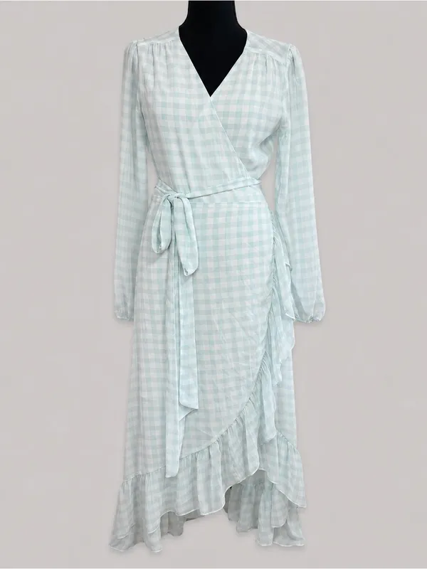 WAYF Blue White Gingham Wrap Ruffle Hi Low Midi Dress NWT M Cottagecore - Image 4