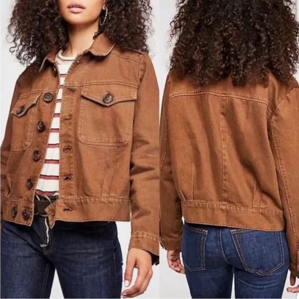 Free People Denim Jean Jacket Button Front Terracotta Orange Women’s Size Medium - Image 13