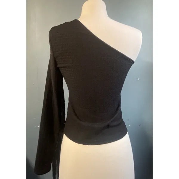 SHEIN Modelly Black One Shoulder Fringe Sleeve Top Size S‎ - Image 2