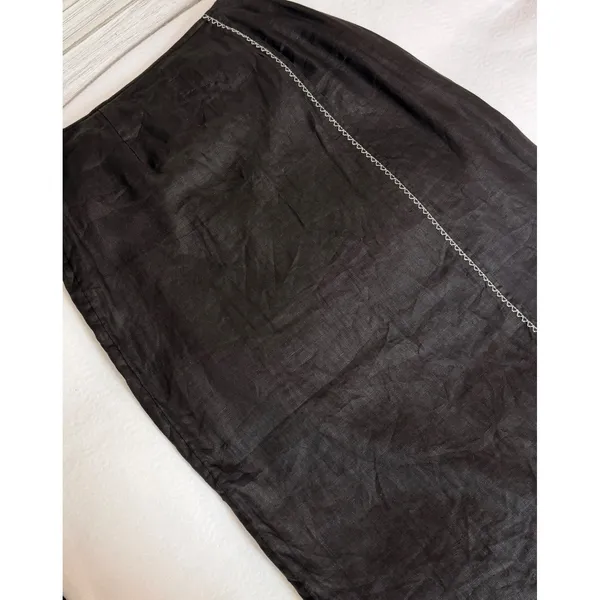 J. Jill Black 100% Linen Faux Wrap Maxi Skirt White Contrast Stitching Size 4 - Image 6