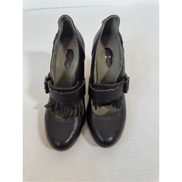 London Underground Brown Leather Mary Jane Heels Womens 8 Fringe Stacked Wood - Image 6