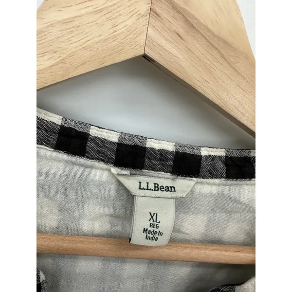 LL‎ Bean Womens XL Black White Gingham Cotton Henley 3/4 Sleeve Top - Image 6