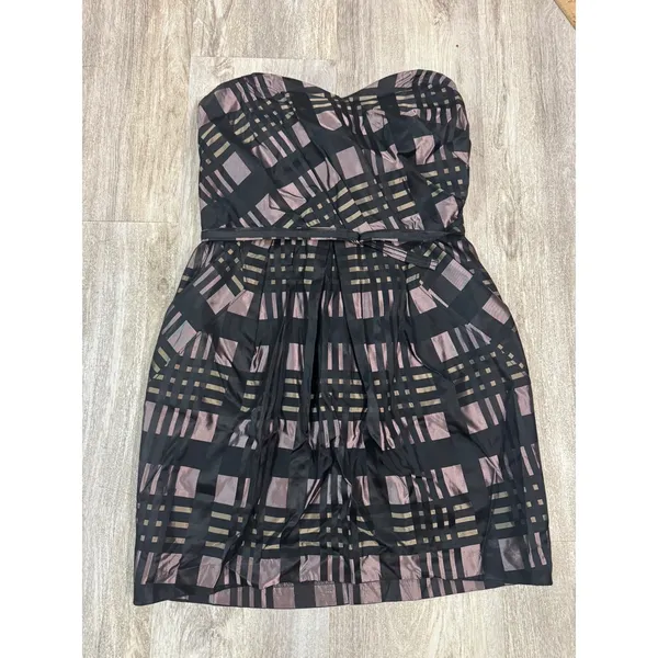 Alexia Admor Black Plaid Strapless‎ Sweetheart Neckline Belted Fit Flare Dress L - Image 2