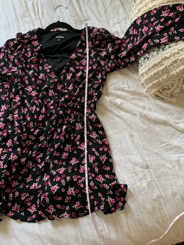 Black Floral Romper V-Neck Surplice ruffle hem, long sleeve size XS - Image 6