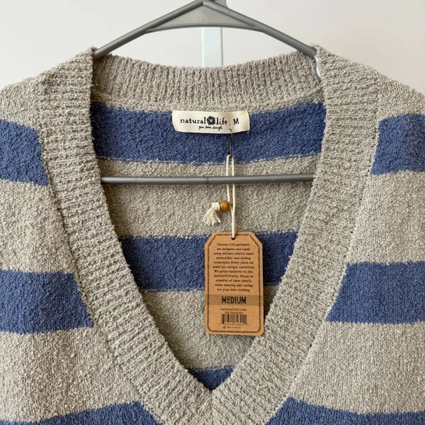Natural Life Cotton Boho Coastal Relaxed Preppy Striped Sweater Vest M Gray NWT - Image 2