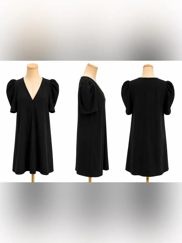 Zara Black Puff Sleeve Mini Dress Size M V Neck A-Line Shift Lined - Image 4