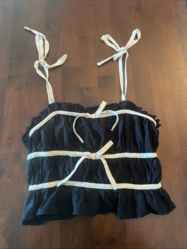 Thirty Thirty LA Crop Top Ruffle Bow Ties Black Cream Coquette Y2K Women's XS - Image 2