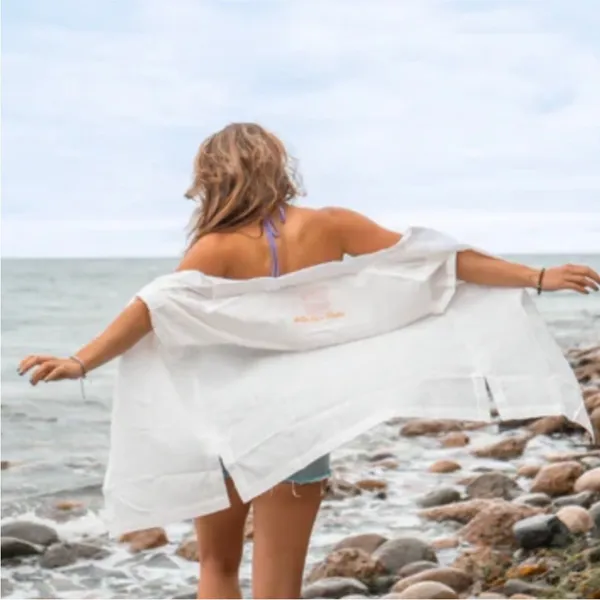LUCKY WE LIVE HAWAII x GOLDFISH KISS WHITE COTTON SHORT SLEEVE BUTTON COVERUP ML - Image 3