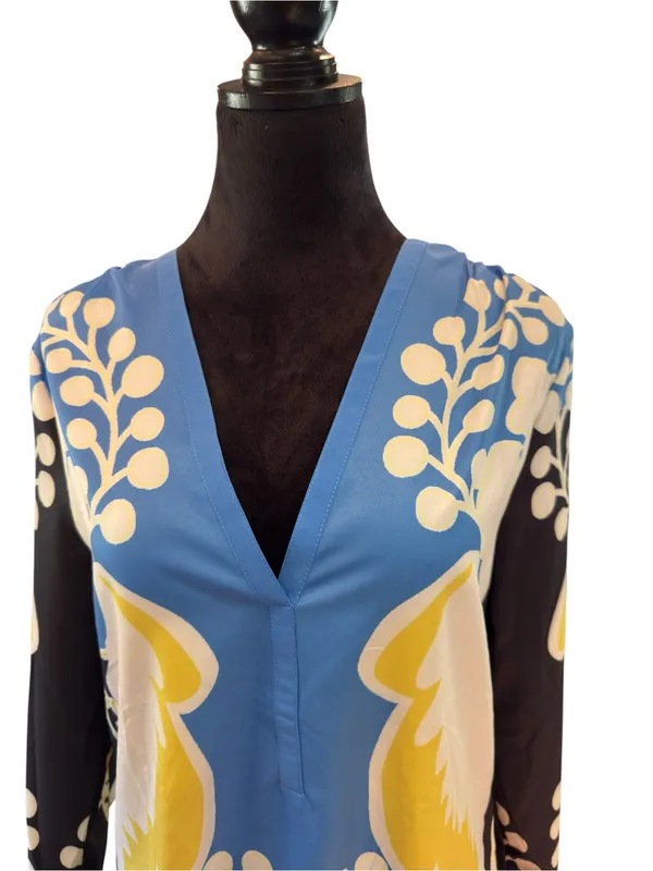 NWT Boutique Retro Graphic Floral Shift Dress 60s Mod V-Neck Long Sleeve Size L - Image 3