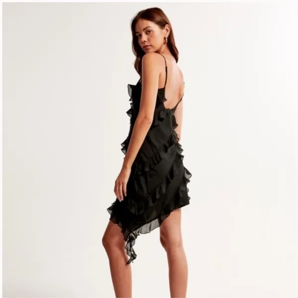 Abercrombie & Fitch Black Ruffle Asymmetrical Handkerchief Hem Midi Dress‎ Large - Image 3
