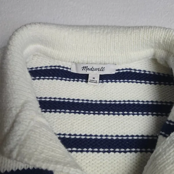Madewell Striped Polo Sweater Medium‎ White Navy Blue V-Neck Knit Top P2709 - Image 4