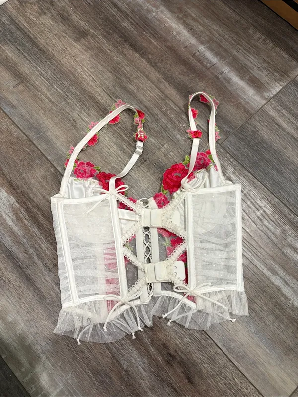 For Love and Lemons white embroidered rose bra corset bustier crop top XS - Image 5