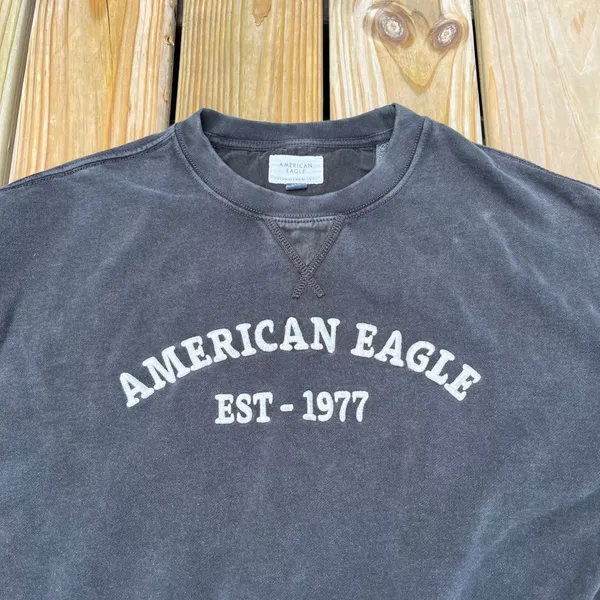 American Eagle Sweatshirt Cropped Crew‎ Washed Black White Spellout Small - Image 3
