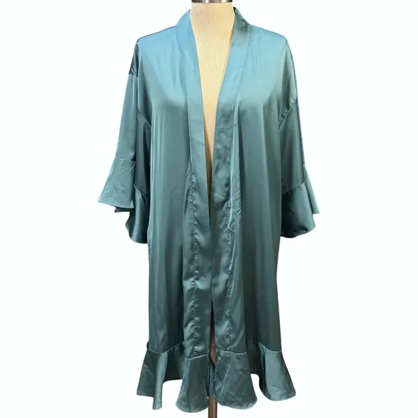 Birdy Grey M/L Teal Blue Satin Bell Sleeve Robe Bridal Bachelorette Morning GRWM - Image 2