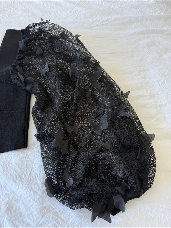 Free People Black Puff-Sleeve Cropped Square-Neck Top with Butterfly Detail - Image 2